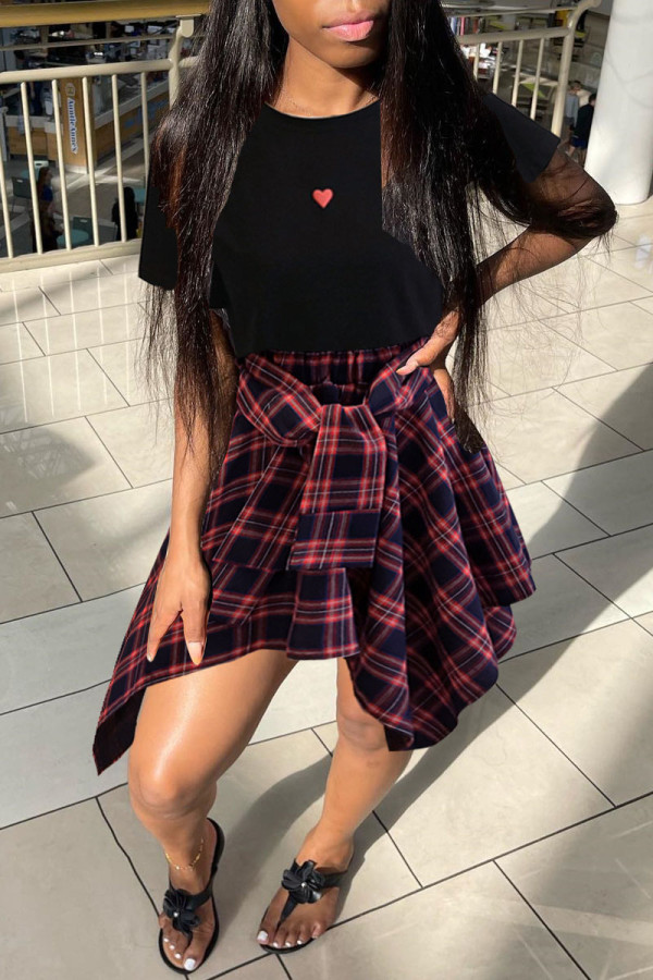 Black Fashion Casual Print Patchwork O Neck Short Sleeve Two Pieces
