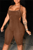 Brown Sexy Casual Solid Bandage Backless Halter Skinny Romper