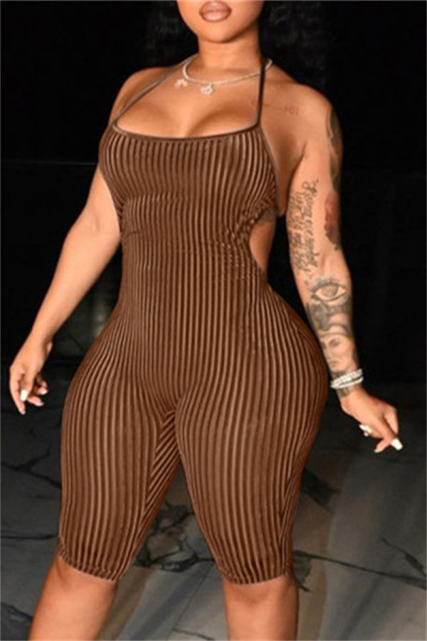 Brown Sexy Casual Solid Bandage Backless Halter Skinny Romper