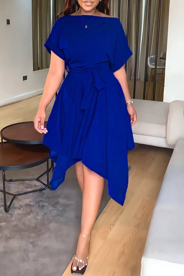 Blue Fashion Casual Solid Patchwork Asymmetrical O Neck Short Sleeve Dress