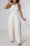 Cream White Fashion Casual Solid Fold Vests O Neck Sleeveless Two Pieces