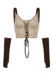 Coffee Fashion Sexy Solid Patchwork Backless Spaghetti Strap Tops