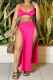 Rose Red Fashion Sexy Solid Backless Slit Spaghetti Strap Sleeveless Two Pieces