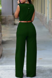 Ink Green Fashion Casual Solid Patchwork With Belt V Neck Regular Jumpsuits