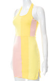 Yellow Fashion Sexy Solid Patchwork Backless Halter Sleeveless Dress