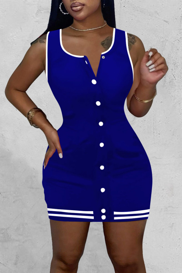 Deep Blue Sexy Solid Patchwork Buckle U Neck Pencil Skirt Dresses