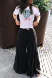 Black Fashion Casual Print Basic O Neck Short Sleeve Two Pieces (Without Belt)