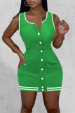 Green Sexy Solid Patchwork Buckle U Neck Pencil Skirt Dresses