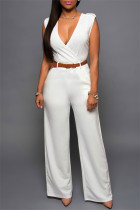White Fashion Casual Solid Patchwork With Belt V Neck Regular Jumpsuits