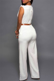 White Fashion Casual Solid Patchwork With Belt V Neck Regular Jumpsuits