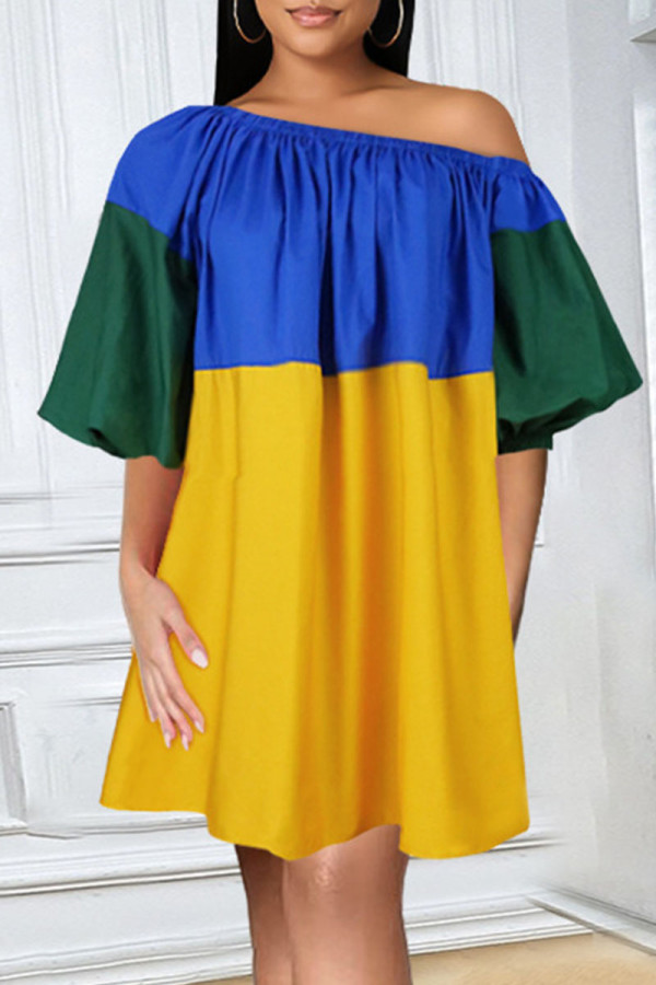 Yellow Fashion Casual Solid Patchwork Oblique Collar Dress