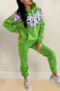 Green Fashion Casual Print Patchwork Hooded Collar Long Sleeve Two Pieces