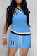 Sky Blue Fashion Casual Letter Embroidered Patchwork V Neck Short Sleeve Two Pieces