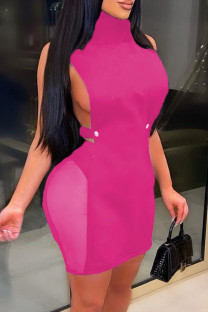 Rose Red Fashion Sexy Solid Split Joint See-through Turtleneck Sleeveless Dress
