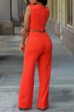 Rose Red Fashion Casual Solid Patchwork With Belt V Neck Regular Jumpsuits