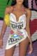 White Fashion Sexy Print Patchwork Backless Asymmetrical Halter Sleeveless Dress Dresses