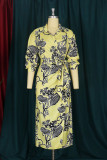 Green Fashion Casual Print Bandage Turndown Collar One Step Skirt Dresses