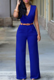 Light Blue Fashion Casual Solid Patchwork With Belt V Neck Regular Jumpsuits