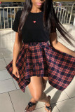 Black Fashion Casual Print Patchwork O Neck Short Sleeve Two Pieces