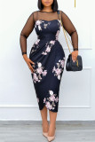 Brown Fashion Casual Print Patchwork See-through O Neck Long Sleeve Dresses