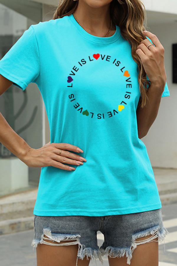 Light Blue Fashion Casual Print Basic O Neck T-Shirts