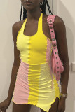 Yellow Fashion Sexy Solid Patchwork Backless Halter Sleeveless Dress