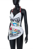 White Fashion Sexy Print Patchwork Backless Asymmetrical Halter Sleeveless Dress Dresses