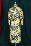 Green Fashion Casual Print Bandage Turndown Collar One Step Skirt Dresses