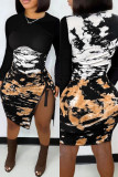 Red Fashion Casual Print Patchwork Slit Zipper O Neck Long Sleeve Dresses