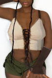 Coffee Fashion Sexy Solid Patchwork Backless Spaghetti Strap Tops