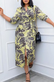 Green Fashion Casual Print Bandage Turndown Collar One Step Skirt Dresses