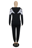 Black Fashion Casual Print Patchwork Hooded Collar Long Sleeve Two Pieces