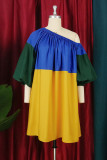 Yellow Fashion Casual Solid Patchwork Oblique Collar Dress