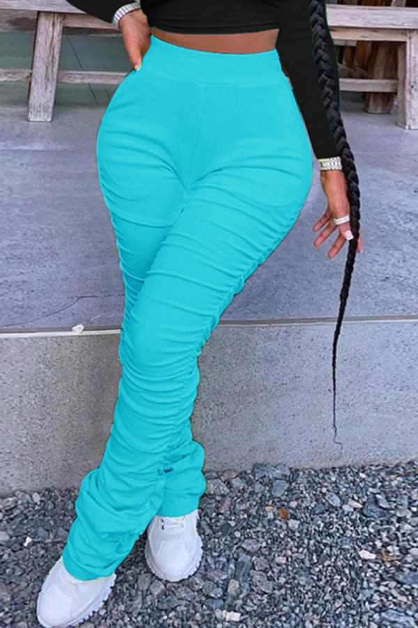 Blue Fashion Casual Solid Fold Regular High Waist Trousers