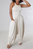 Cream White Fashion Casual Solid Fold Vests O Neck Sleeveless Two Pieces