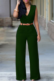 Green Fashion Casual Solid Patchwork With Belt V Neck Regular Jumpsuits