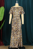 Yellow Plus Size Fashion Casual Print Leopard Slit Fold O Neck Short Sleeve Dress