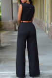 Black Fashion Casual Solid Patchwork With Belt V Neck Regular Jumpsuits