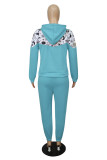Light Blue Fashion Casual Print Patchwork Hooded Collar Long Sleeve Two Pieces