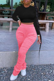 Pink Fashion Casual Solid Fold Regular High Waist Trousers