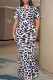 Purple Plus Size Fashion Casual Print Leopard Slit Fold O Neck Short Sleeve Dress