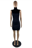 Blue Fashion Sexy Solid Split Joint See-through Turtleneck Sleeveless Dress