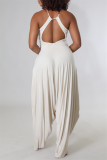Cream White Fashion Casual Solid Fold Vests O Neck Sleeveless Two Pieces