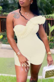 Cream White Sexy Solid Patchwork Asymmetrical Stringy Selvedge Strapless Regular Rompers