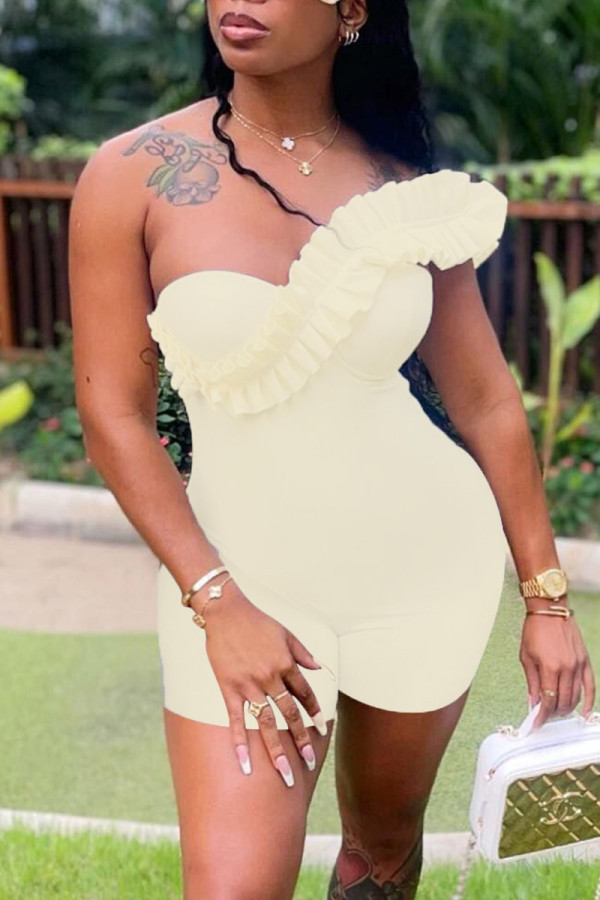 Cream White Sexy Solid Patchwork Asymmetrical Stringy Selvedge Strapless Regular Rompers
