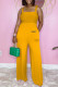 Yellow Fashion Casual Print Letter Spaghetti Strap Jumpsuits