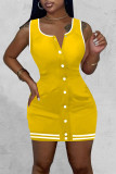 Yellow Sexy Solid Patchwork Buckle U Neck Pencil Skirt Dresses