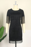 Black Fashion Casual Solid Tassel Patchwork O Neck Short Sleeve Dress