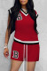 Red Fashion Casual Letter Embroidered Patchwork V Neck Short Sleeve Two Pieces