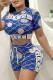 Blue Fashion Casual Print Letter O Neck Short Sleeve Two Pieces
